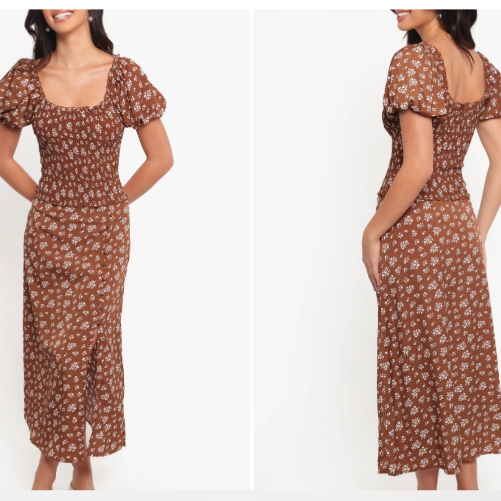 NWT Petal & Pup Zola Smocked Shirt/Maxi Skirt Set Chocolate Brown & White Floral